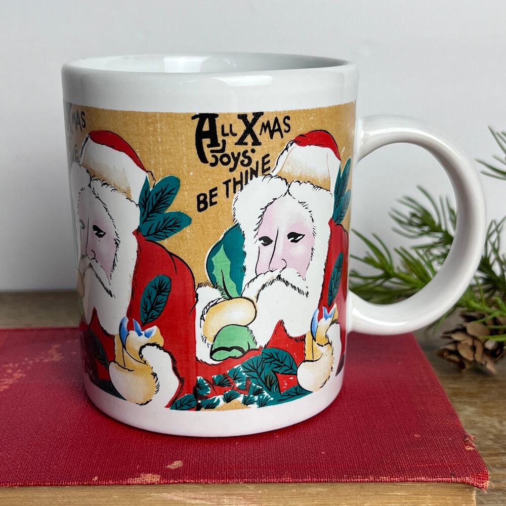 Vintage Houston Foods Ceramic Christmas Santa Mug All X-Mas Joys Be Thine Rare